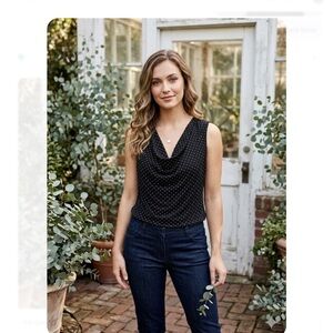 ELLEN WEAVER   Sleeveless Black Polka Dot Cowl Neck Top SIZE L